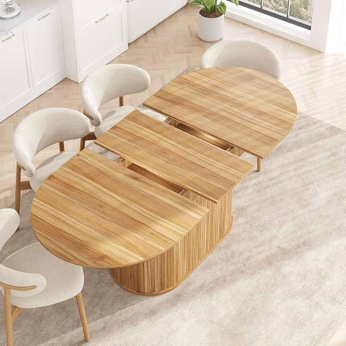 55.11"-70.86" Extendable Dining Room Table, Oval Dining Table Set for 4 People, Mid Century Modern Dining Table for Gatherings, Meeting, Small Kitchens, Dining Office Areas, Natural