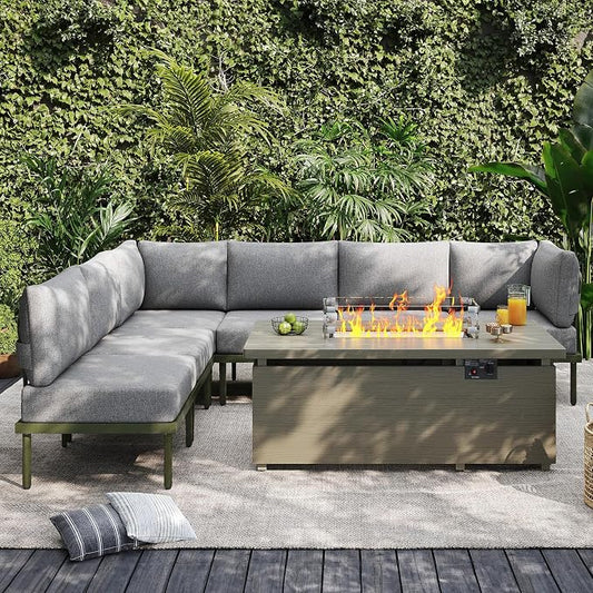 Sundale Outdoor 7 Pieces Patio Furniture Set with Fire Pit Table, L-Shaped Outdoor Sectional Sofa with 6 Inch Olefin Cushion, All-Weather Modern Metal Outdoor Conversation Sets for Backyard, Poolside
