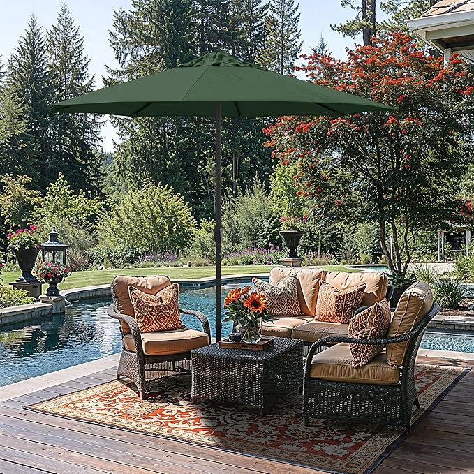 California Umbrella 8-Year Protection 9 Ft Outdoor Patio Umbrella, Solstice Fade-Resistant Fabric, Auto-Tilt, Heavy Duty Aluminum Frame, 8 Reinforced Ribs for Pool or Deck, Black Pole, Hunter Green