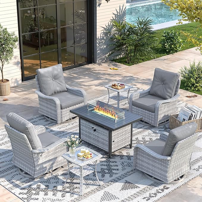 7 Piece Wicker Patio Furniture Set with 55,000 BTU Fire Pit Table, Swivel Rocking Chairs, 4''Cushions, PE Rattan, Wind Guard Glass, for Backyard, Deck or Balcony, Grey