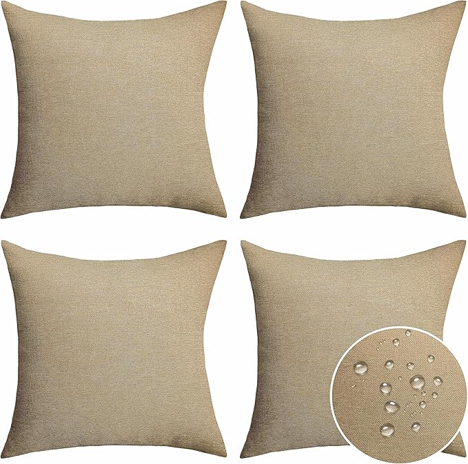 Home Brilliant Outdoor Pillows for Garden Patio Linen Throw Pillow Covers 20x20 Waterproof Euro Shams for Chairs Bedroom, 50x50 cm, Set of 4, Linen