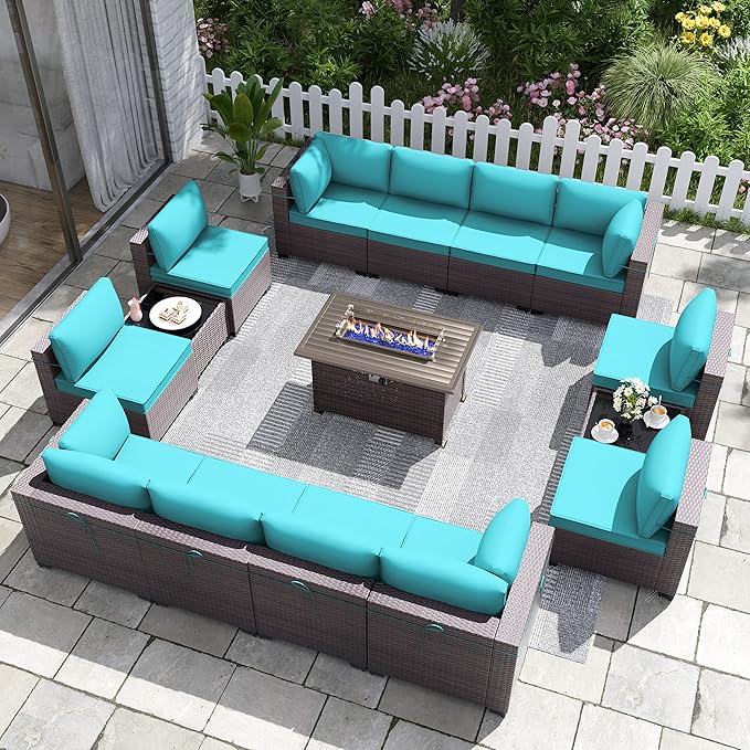 Patio Furniture Set with Fire Pit Table 15 PCS Outdoor Sectional Furniture Rattan Patio Conversation Set with 43in Propane Gas Fire Pit Table and Glass Table, Blue