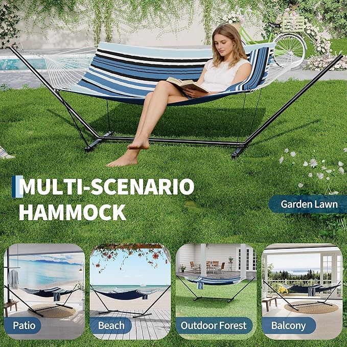 2 Person Double Hammock with Stand & Pillow, 450 LBS Heavy Duty Outdoor Hammock with Balance Rope for Patio Backyard Poolside