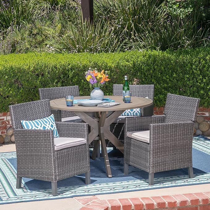 Christopher Knight Home Kirby Outdoor 5 Piece Wood and Wicker Dining Set, Gray Finish/Gray