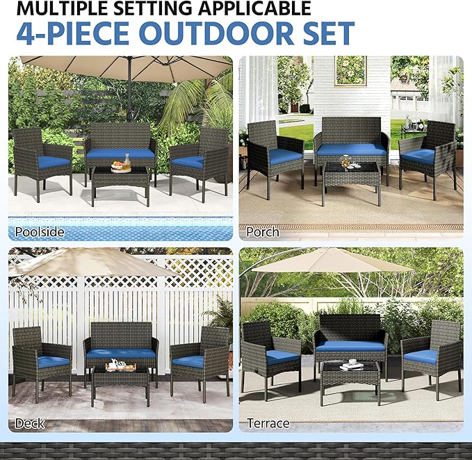 Yaheetech Patio Furniture Set 4 Pieces Conversation Sets, Rattan Chair Wicker Set Loveseat with Soft Cushion and Glass Table for Backyard Porch Garden Poolside Balcony, Gray and Dark Blue