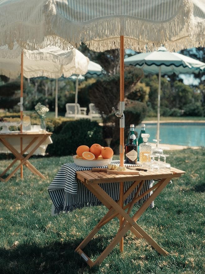 Business & Pleasure Co. Tall Folding Picnic Table - Perfect Outdoor Table for Picnics and Hosting - 4 Wine Glass Holders - Umbrella Hole - Premium Teak Hardwood