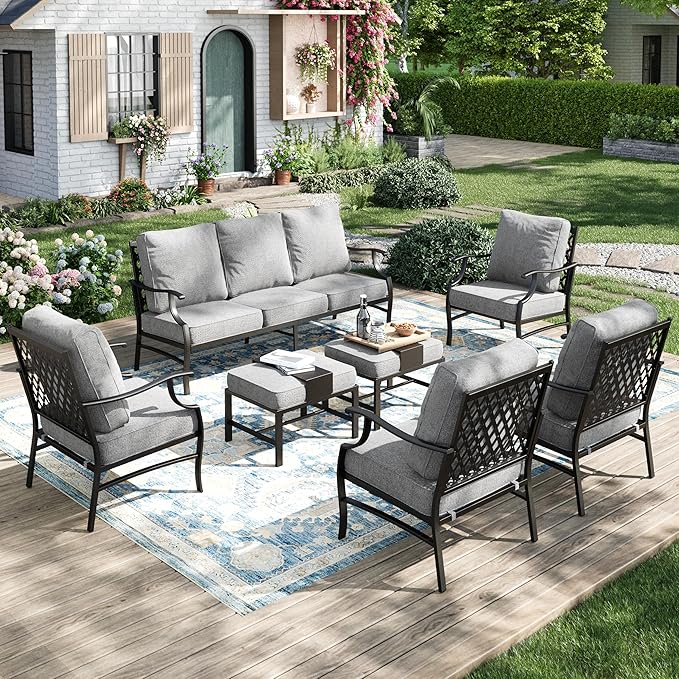 Patio Furniture Set 7 pcs, Outdoor Patio Furniture, 3-Seat Sofa, 4 Single Chairs, 2 Ottomans and 5.75" Extra Thick Cushion, Patio Conversation Set for Garden Backyard Deck,Grey