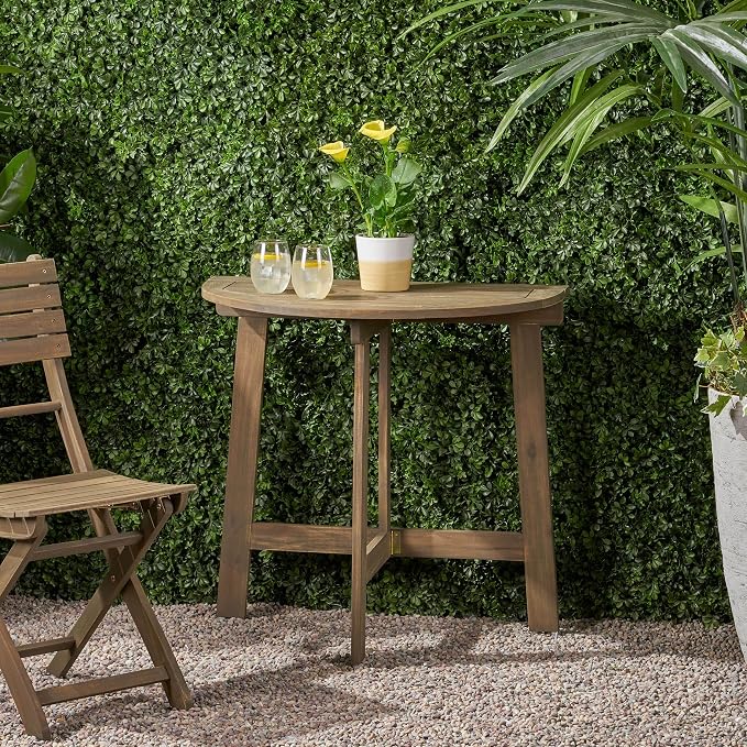 roomfitters Outdoor Half-Round Folding Acacia Wood Bistro Table, Small Space Patio Dining Accent Table, Grey Finish