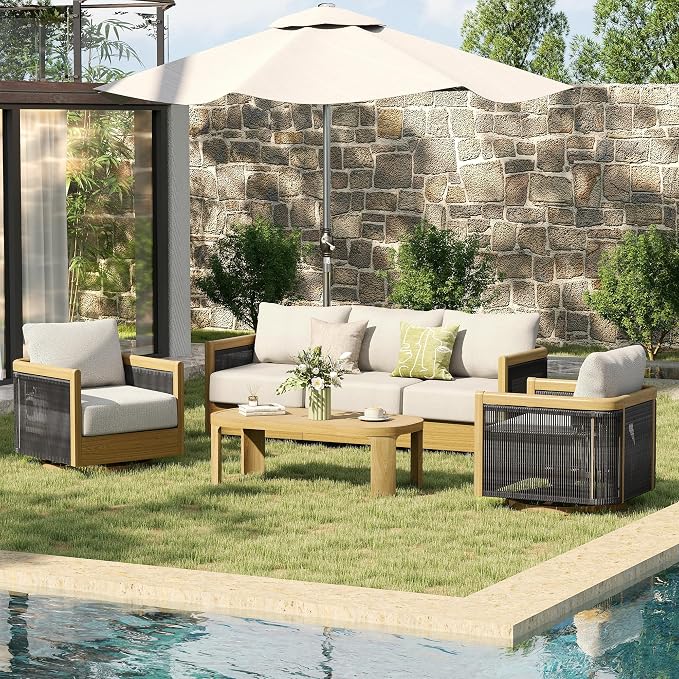 HAPPATIO Aluminum Patio Furniture Set, 4 Pieces Wood-Like Oversized 3-Seat Sofa Conversation Set with Thick Cushion, Swivel Chairs with Curved Tub Design and Woven Rope Accents for Garden, Yard, Pool