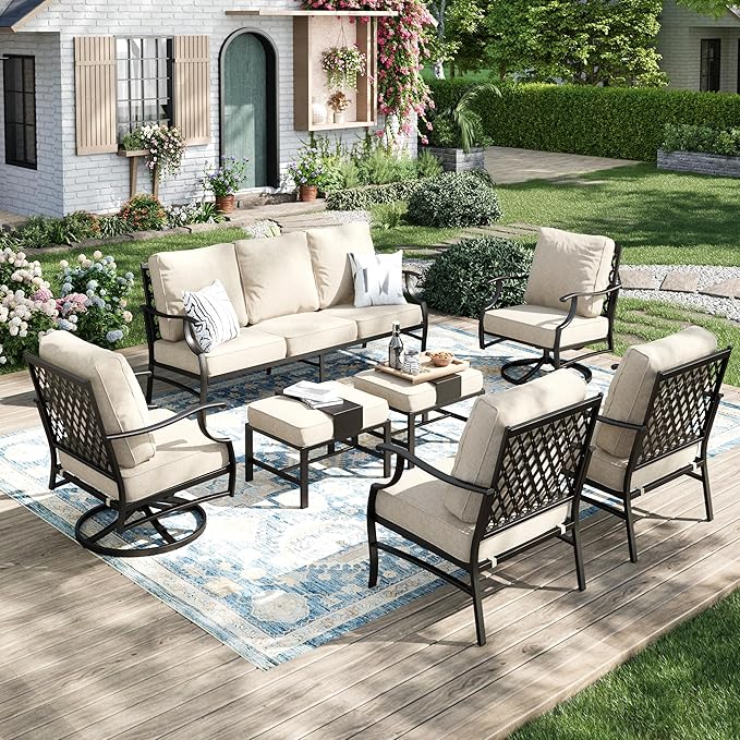 Patio Furniture Set 7 pcs, Outdoor Patio Furniture, 3-Seat Sofa, 2 Single Chairs, 2 Swivel Chairs, 2 Ottomans and 5.75" Extra Thick Cushion, Patio Conversation Set for Backyard Deck,Beige