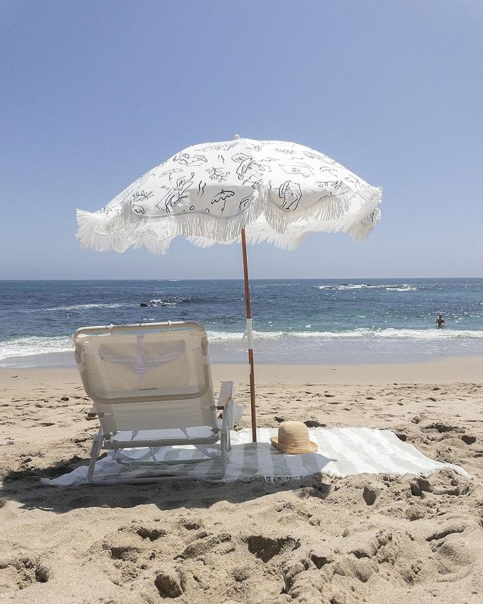Business & Pleasure Co. Holiday Umbrella - Boho Beach Umbrella with White Fringe, UPF 50+, 1" Tilting Wood Pole, 5’ x 6.5’, Le Basque Navy