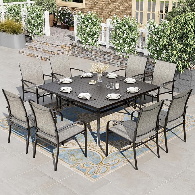 HERA'S HOUSE 9 Pieces Patio Dining Set, Outdoor Table and Chairs Set for 8, 8 x Brown Textilene Dining Chair and 60" Square Metal Dining Table, Outdoor Dining Sets for Lawn Garden Backyard Deck