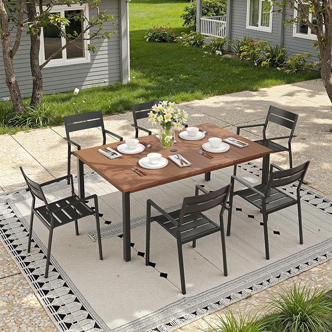 Patio Dining Set for 6, 63" Outdoor Dining Table and Chairs Set with Stackable Patio Chairs Outdoor Furniture for Garden Deck Backyard, Walnut Table and Black Chairs