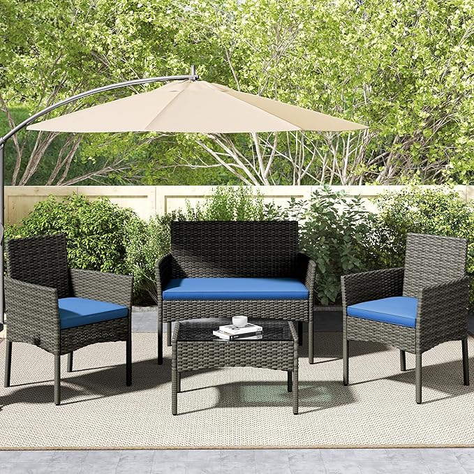 Yaheetech Patio Furniture Set 4 Pieces Conversation Sets, Rattan Chair Wicker Set Loveseat with Soft Cushion and Glass Table for Backyard Porch Garden Poolside Balcony, Gray and Dark Blue