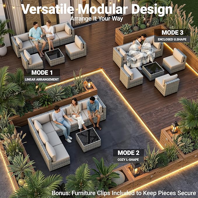 7-Piece Patio Furniture Set, Outdoor Sectional with Thick Cushions, Modular Patio Sofa, Dual-Strand Wicker Rattan, Rust-Resistant Frame, Backyard Furniture for Garden, Deck, Khaki