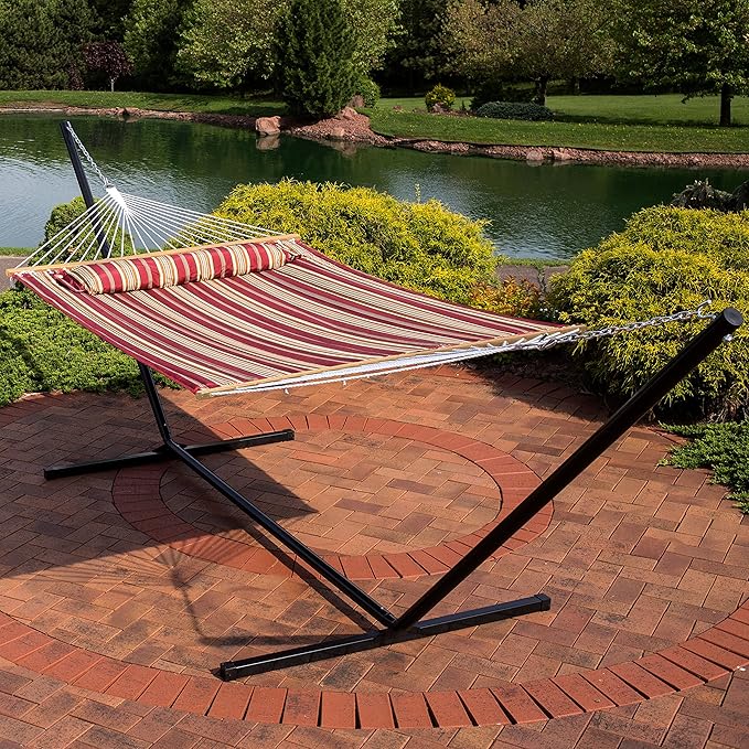Sunnydaze Quilted Double Hammock with Stand for Outside - 400-Pound Capacity 2-Person Hammock with Stand - 15-Foot Stand - Red Stripe