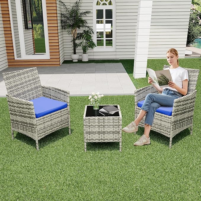 Patio Furniture Set 3 Pieces,Outdoor Patio Conversation Sets, PE Rattan Wicker Furniture Sets with 2 Chairs,Soft Cushion and 1 Coffee Table, Bistro Set of 2 for Backyard Balcony Porch Apartments,Grey