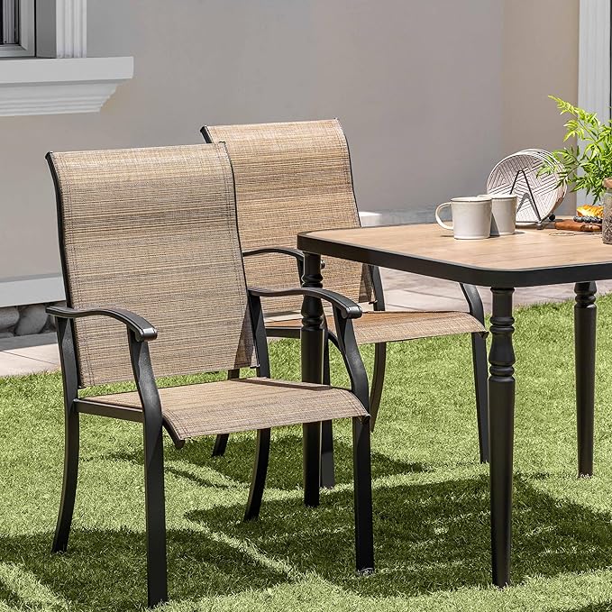 NUU GARDEN 5-Piece Outdoor Dining Set 37 Inch Square Table with Umbrella Hole Wood-Grain Top 4 Textilene Chairs Weather-Resistant Low-Maintenance for Porch Backyard Garden Poolside Black Brown