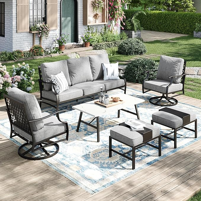 Patio Furniture Set 6 pcs, Outdoor Patio Furniture, 3-Seat Sofa, 2 Swivel Chairs, 2 Ottomans, Coffee Table and 5.75" Extra Thick Cushion, Patio Conversation Set for Garden Backyard Deck,Grey