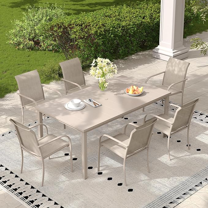 Patio Table and Chairs Set for 6, Outdoor Dining Set with 6 Stackable Dining Chairs and 63"x 37.8" Metal Steel Rectangle Dining Table for Backyard, Deck, Lawn, Garden, Sandshell