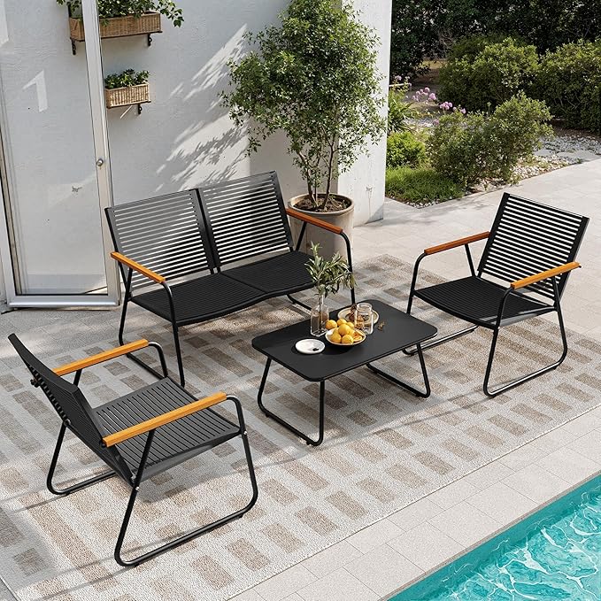 4-Piece Patio Furniture Set, Compact Outdoor Conversation Set with Loveseat, 2 Chairs and Glass Table, Weather-Resistant for Apartment Patio, Small Spaces, Balcony, Backyard – Black