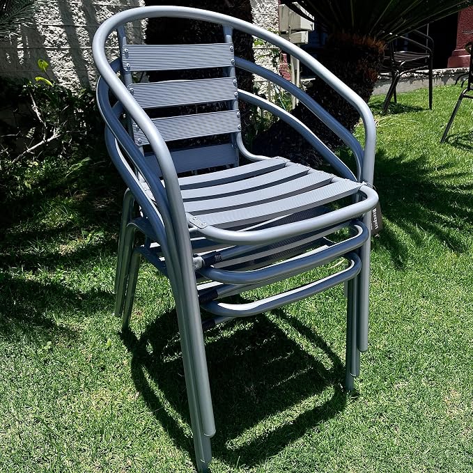 BTEXPERT Indoor Outdoor Restaurant Stainless Steel Aluminum + 3 Silver Gray Metal Slat Stack Commercial Lightweight, 3 Chairs with a 27.5" Square Table