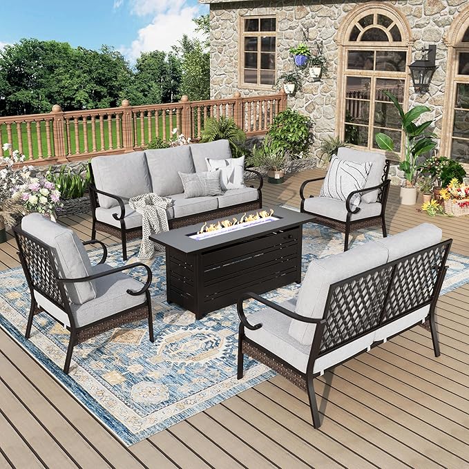 Patio Furniture Set with Fire Pit Table, Metal Outdoor Conversation Set with 2 Fixed Chairs, Loveseat Sofa, 3-Seat Sofa and Gas Fire Pit Table for Lawn Garden Backyard, Light Grey