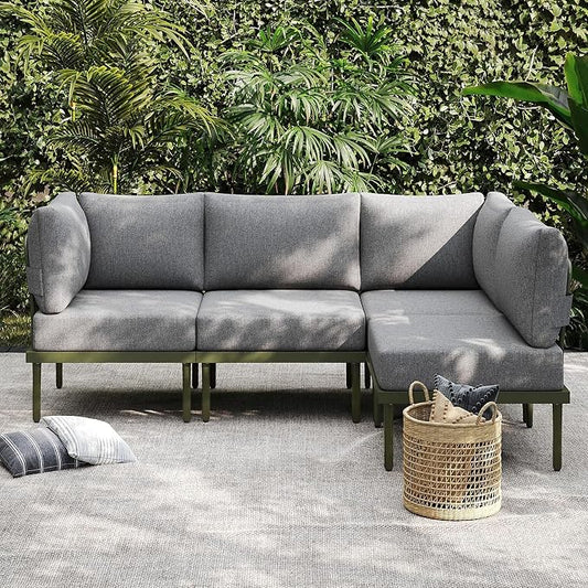 Sundale Outdoor 4 Pieces Patio Furniture Set, Metal Sectional Sofa Patio Conversation Set with 6 Inch Cushions, Modern Patio Corner Couch for Balcony, Porch, Sunroom (Grey/Green)