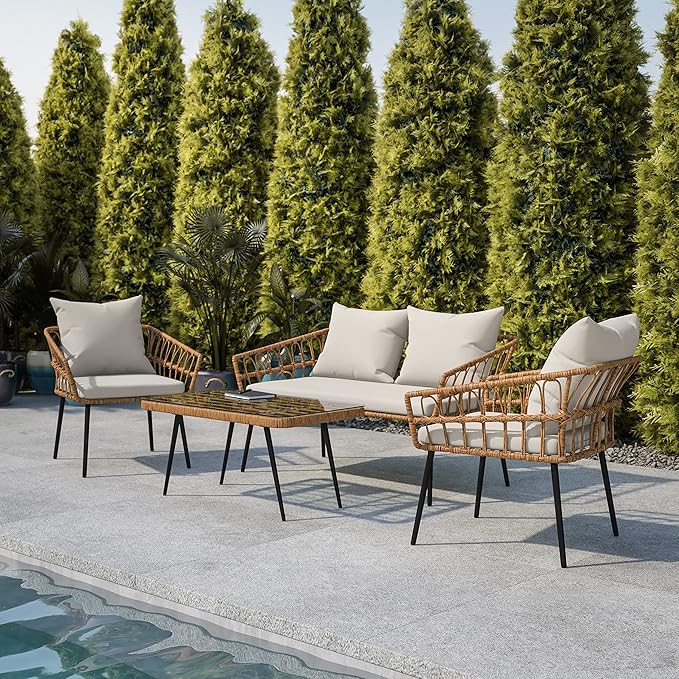 Flash Furniture Evin Boho 4 Piece Patio Conversation Set - Natural Rope Rattan - Gray All-Weather Cushions - Tempered Glass Top Coffee Table - Indoor/Outdoor