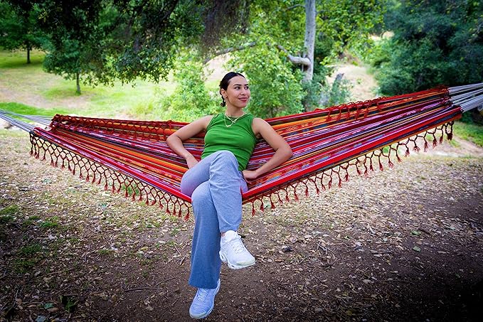 Boho Classic Hammock with Tassel, Handmade, Weather-Resistant, Hammock for Indoor & Outdoor, Lightweight Durable - for Patio, Porch, Backyard Lounging (Inti Red)