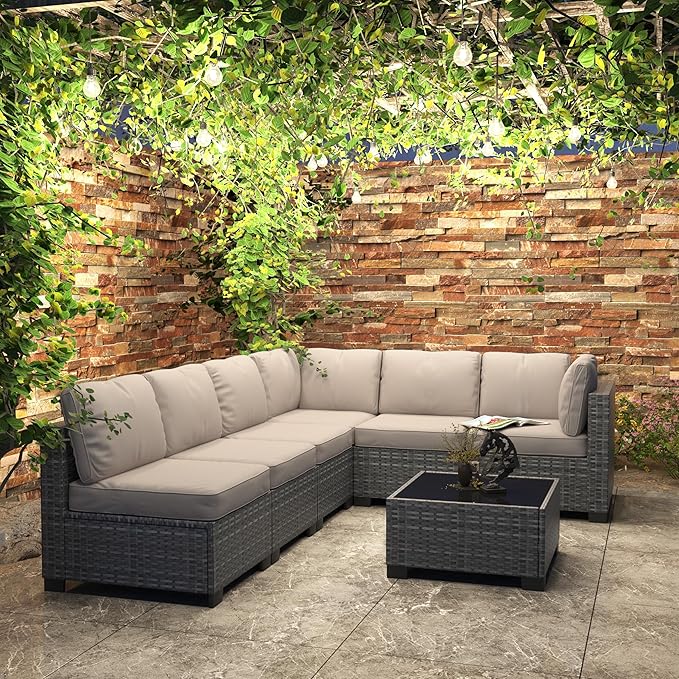 GarveeHome 7 Piece Patio Furniture Set, PE Rattan Wicker Sectional Sofa Set with Cushions & Glass Top Coffee Table, Outdoor Conversation Furniture for Garden, Balcony, Porch, Backyard