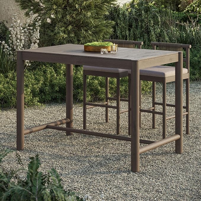 Modway Eleni 56-Inch Outdoor Teak Wood Bar Table in Weathered Gray Teak – Rectangular Patio Bar Table with Slatted Top for Patios, Decks, Or Gardens