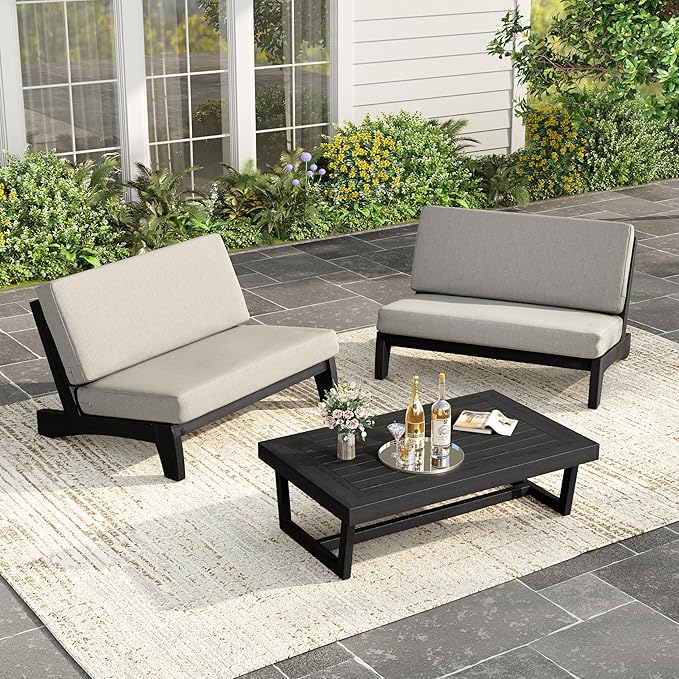 UIXE Black Wood Patio Furniture Sets, 3 Pieces All Weather Patio Loveseat Sofa Outdoor Sectional Futniture Backyard Conversation Set with Solid Wooden Coffee Table - Light Camel