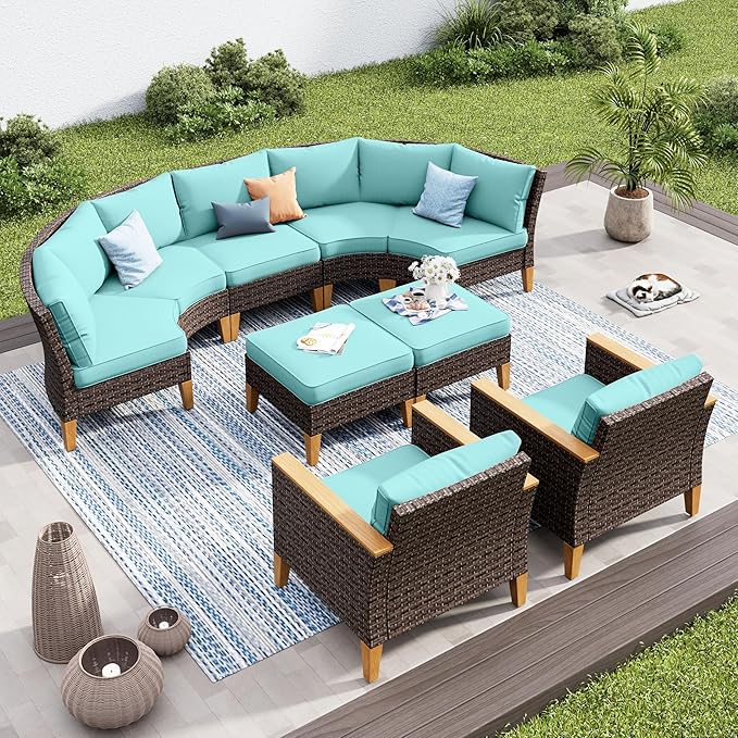 PHI VILLA 7-Piece Wicker Patio Furniture Set, Outdoor Half-Moon Curved Sectional Sofa with Thick Aqua Blue Cushions, 2 Ottomans, 2 Single Seats, Large Conversation Seating for Garden or Backyard