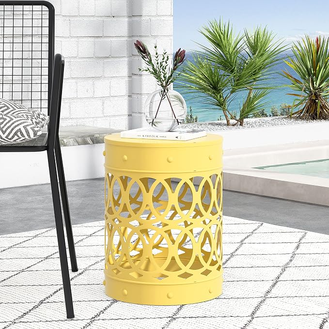 Outdoor Metal End Table Large, White Iron Side Table with Geometric Cut Design, Round Patio Accent Table No Assembly Required, Weather Resistant for Garden Balcony Porch (Yellow)