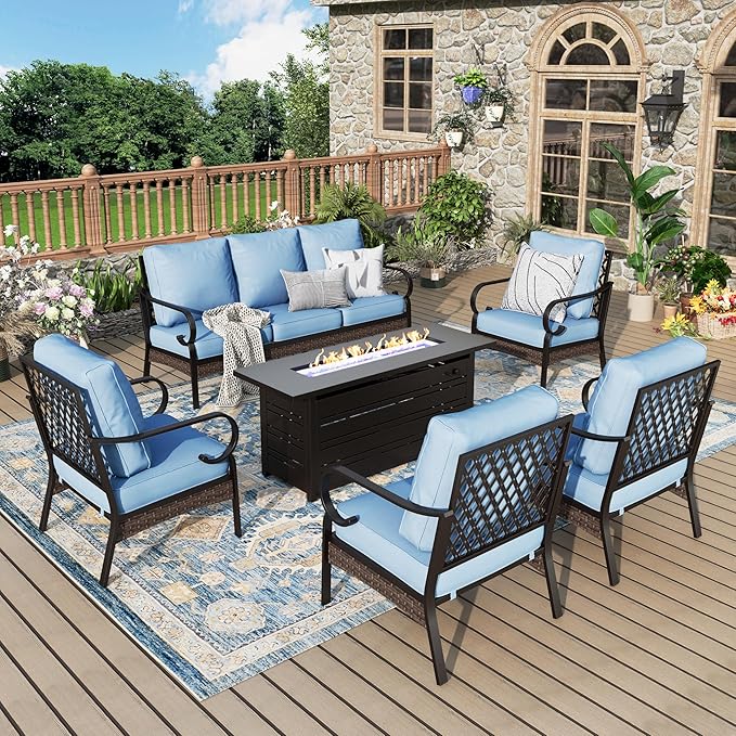 Patio Furniture Set with Firepit Table, Black Frame Outdoor Conversation Set with 4 x Fixed Chairs, 1 x 3-Seat Sofa for Lawn Garden Backyard, Blue