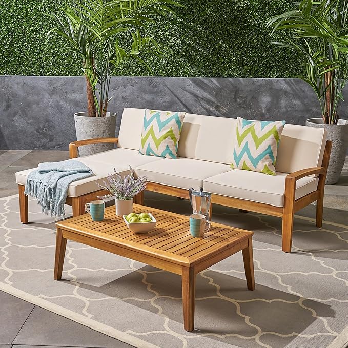 LUMISOL 3 Pieces Acacia Wood Patio Sectional Sofa with Coffee Table, L-Shaped Outdoor Furniture Set with Ottoman, Conversation Set Sectional Sofa with Cushions for Garden, Backyard, Poolside, Beige