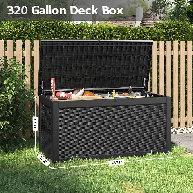 Outdoor Storage Box, 320 Gallon Resin Deck Boxes Outdoor Waterproof For Patio Furniture, Garden Tools, Pool Supplies, Lockable And UV Resistant (Rattan Black)