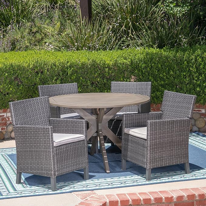 Christopher Knight Home Kirby Outdoor 5 Piece Wood and Wicker Dining Set, Gray Finish/Gray