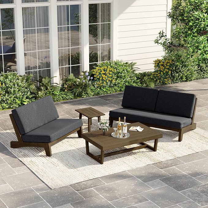 3 Piece Wood Outdoor Patio Frutnire Set, 5 Seater Patio Conversation Sets with Thick Cushions, Outdoor Sectional Furniture with Coffee Table - Dark Gray