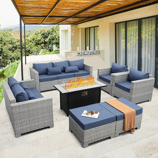 WAROOM Patio Furniture Set 7 Piece Grey Wicker Outdoor Conversation Sets PE Rattan Sectional Sofa with Large Fire Pit Table and Anti-Slip Navy Blue Cushion