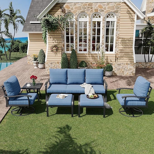 HOMREST Patio Furniture Sets 6 PCS Outdoor Metal Conversation Sets, 360 Degree Swivel Rocking Chairs Patio Conversation Set with Ottomans, Coffee Table and 3-Seat Sofa for Garden, Deck and Poolside
