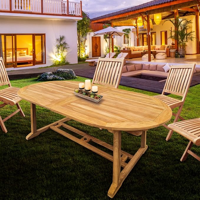 Teak Wood Santa Cruz Oval Double Extension Outdoor Patio Dining Table, 78 to 118 inches
