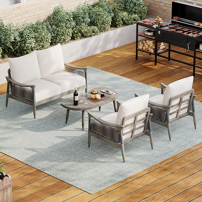 Christopher Knight Home Havets 4 Piece Patio Conversation Sets, Outdoor Acacia Wood Patio Seating Group,Woven Rope Loveseat Chairs with Cushions and Coffee Table for Porch Backyard Balcony, Gray+Beige