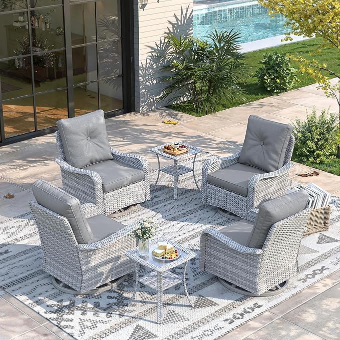 6 Piece Wicker Patio Furniture Set, Swivel Rocking Chairs with 4''Cushions, PE Rattan, Rust Resistant Frame, Double Layer Glass Side Table, for Backyard, Deck or Balcony, Grey