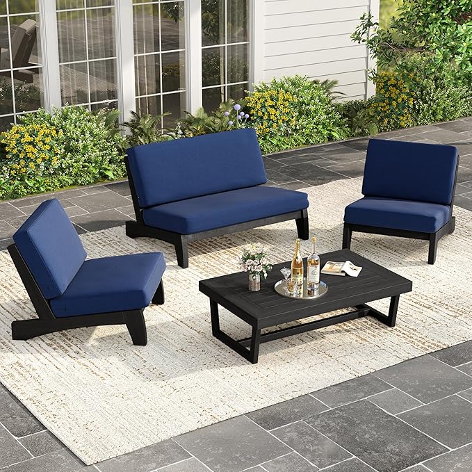 UIXE Black Wood Patio Furniture Sets, 4 Pieces All Weather Outdoor Sectional Futniture Patio Sofa Chair Backyard Conversation Set with Solid Wooden Coffee Table - Navy Blue