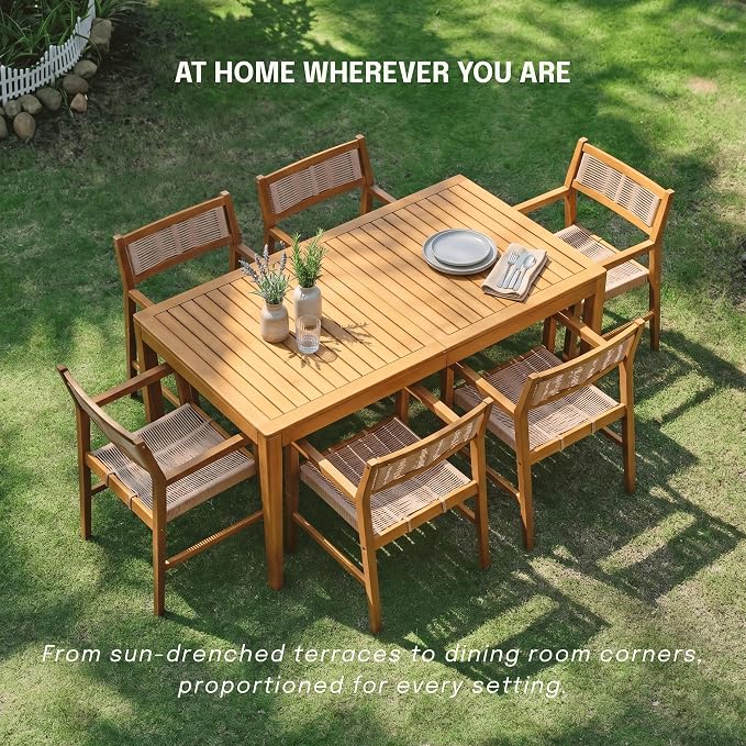 NTC Noma 63 Inch Solid Wood Dining Table and 6 Terra Chairs, Weather Resistant Patio Table for Patio Dining Sets, Backyard, Deck & Dining Room, Easy Assembly, Natural