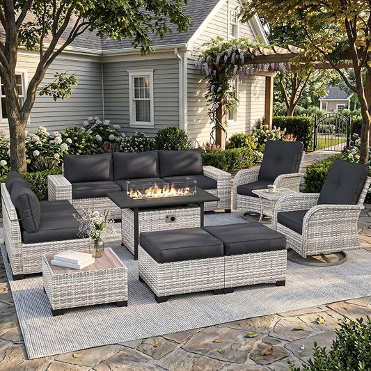 12-Piece Outdoor Patio Furniture Set with Rocking Swivel Chair, PE Wicker Rattan Sectional Sofa 55,000 BTU Fire Pit Table Patio Conversation Set with Ottomans and Chunky Arms, Dark Grey