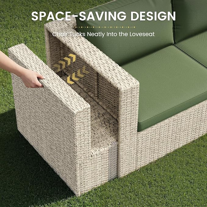Amopatio 7 Pieces Patio Furniture Set with Fire Pit Table, All-Weather Wicker Outdoor Conversation Sofa Set with Glass Coffee Table, Cushions & Ottomans for Deck Backyard Porch Lawn Green