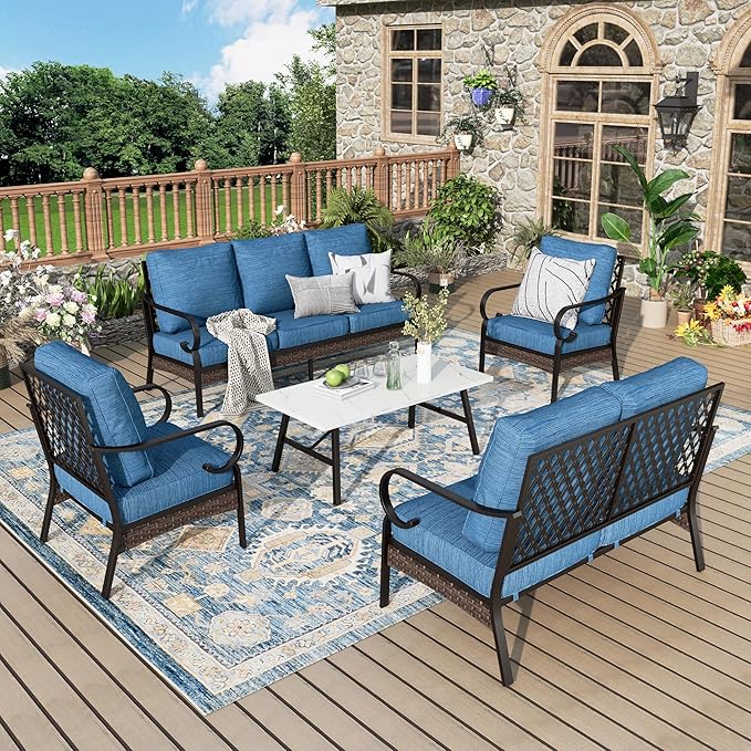 Patio Furniture Set with Coffee Table, Outdoor Conversation Set with 2 x Fixed Chairs, 1 x 2-Seat Sofa, 1 x 3-Seat Sofa for Lawn Garden Backyard, Pacific Blue